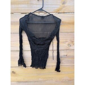 Express Black 100% Silk Crinkle Beaded V-Neck Sheer Top XS Sleeve Lettuce Trim